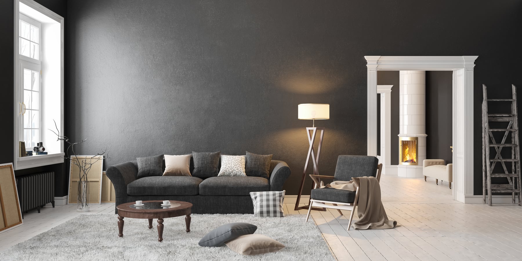 Dunkles Wohnzimmer mit elegantem SVEA Kachelofen